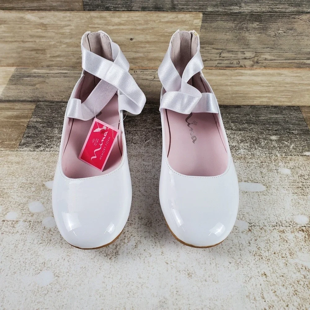 Nina Marissa Kids Ballet Flats Sz 13 M White Patent Leather Crisscross Straps